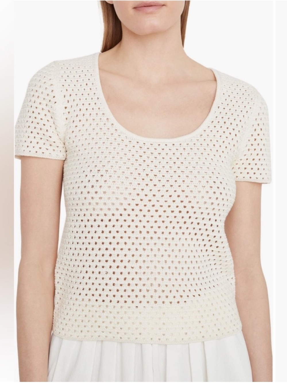 VINCE Crochet Scoop Neck Cotton Knit Top in Cream XS
